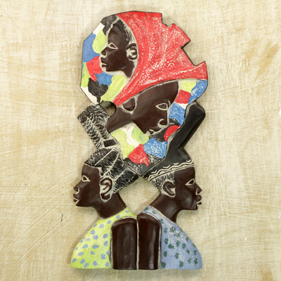 Wood relief panel, 'Women in Unity' - Sese Wood Wall Relief Panel of African Women from Ghana