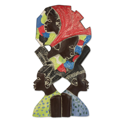 Reliefplatte aus Holz - Wandrelieftafel aus Sese-Holz mit afrikanischen Frauen aus Ghana