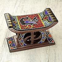 Beaded mini decorative wood stool, 'Adinkra Sankofa' - Decorative Beaded Mini African Stool with Adinkra Symbols