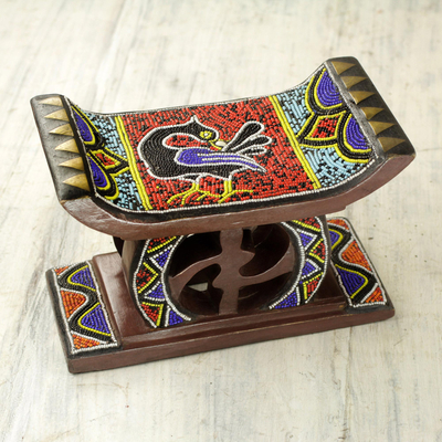 Beaded mini decorative wood stool, Adinkra Sankofa
