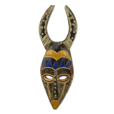 Afrikanische Holzmaske - Kunsthandwerklich gefertigte afrikanische Hornmaske aus Holz und Aluminium