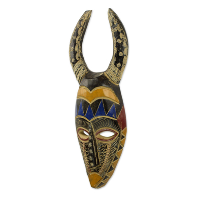 Máscara de madera africana - Máscara Africana con Cuernos Artesanal de Madera y Aluminio