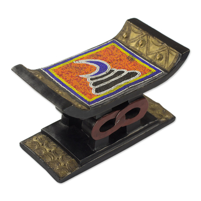 Decorative beaded mini wood stool, 'Adinkra Vigilance' - Decorative Beaded Mini Wood and Aluminum Ghanaian Stool