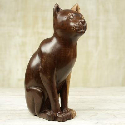 Ebony wood sculpture, 'Cat Guardian' - Hand Carved Ebony Wood Cat Sculpture from Ghana
