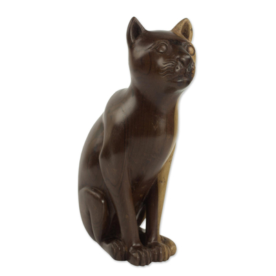 Skulptur aus Ebenholz - Handgeschnitzte Katzenskulptur aus Ebenholz aus Ghana