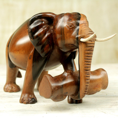 Mahogany sculpture, 'Elephant's Burden' - Mahogany Wood Statuette of an Elephant from Ghana