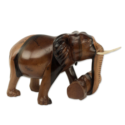 Mahogany sculpture, 'Elephant's Burden' - Mahogany Wood Statuette of an Elephant from Ghana