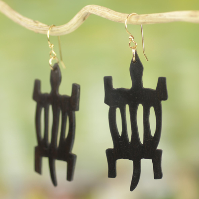 Wood dangle earrings, 'African Denkyem' - Handcrafted Sese Wood Crocodile Earrings from Ghana