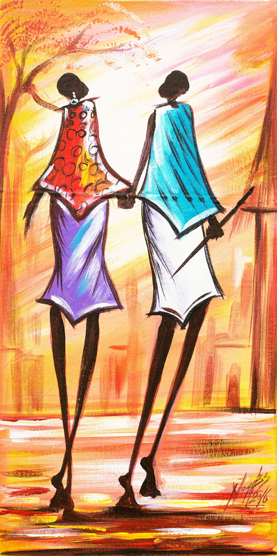 'Frisches Paar - Signiertes expressionistisches Gemälde eines Dorfpaares aus Ghana