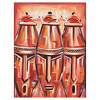 'Fontomfrom II' - Signed Expressionist Painting of Pink Face Drums from Ghana
