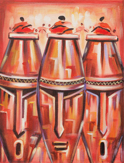 'Fontomfrom II' - Signed Expressionist Painting of Pink Face Drums from Ghana