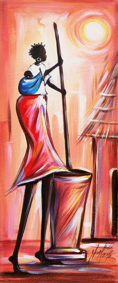 'Secret of a Woman II' - Signed Expressionist Painting of a Ghanaian Woman Cooking