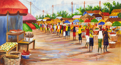 'Perfil del mercado': pintura impresionista firmada de una escena de mercado africana