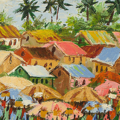 'Market View' - Signed Art Impressionist Painting of a Ghanaian Market Scene
