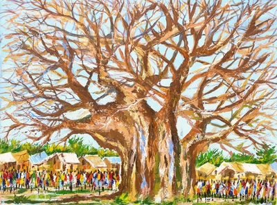 Dorflandschaft – Signierte impressionistische Malerei eines Dorfbaums aus Ghana