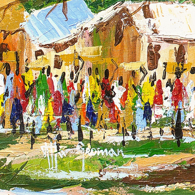 'Village Scape' - Signed Impressionist Painting of a Village Tree from Ghana