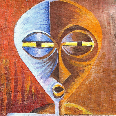 'Ceremonial Masks' - Signed Expressionist Painting of Ghanaian People with Masks