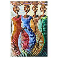 'Women with Calabashes' - Expressionist African Painting of Ghanaian Market Women