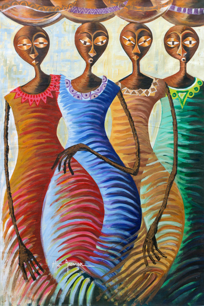 Frauen mit Kalebassen. - Expressionistische afrikanische Malerei von ghanaischen Marktfrauen