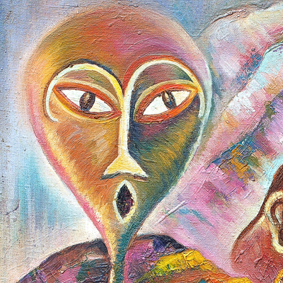 'Profile and Mask' - Signed Cultural Expressionist Painting of People from Ghana