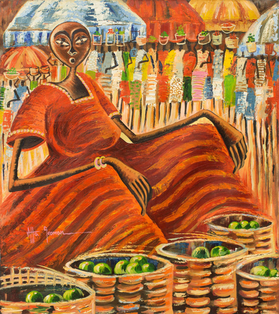 'Orangen'. - Signierte expressionistische Malerei einer Frau auf dem ghanaischen Markt