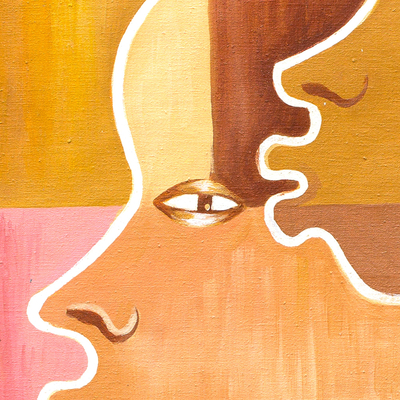 'Profile View' - Multicolored Signed Modern Painting of Faces from Ghana
