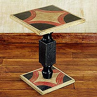 Cedar wood end table, 'Blooming Light' - Hand Crafted Cedar Wood Black and Beige End Table from Ghana