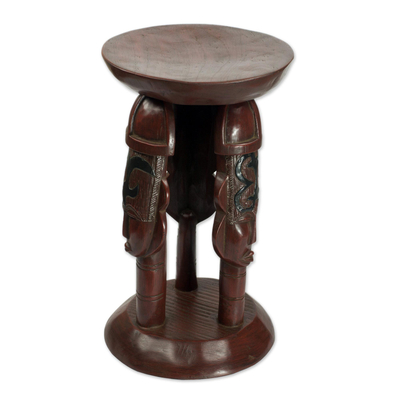 Cedar wood stool, 'United Family in Brown' - Cedar Wood Round Brown Stool with Adinkra Symbols