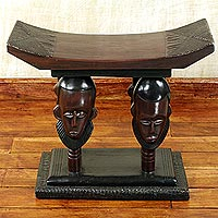 Cedar wood throne stool, 'United Household' - Handmade Ghanaian Cedar Wood Throne Stool With Faces