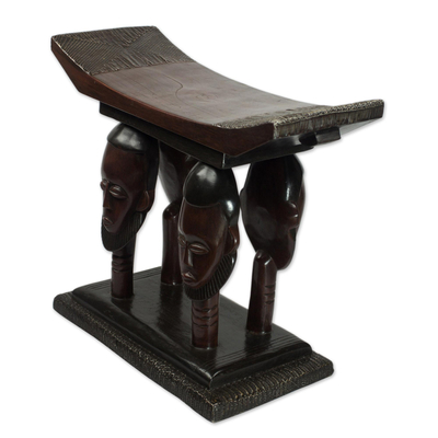 Cedar wood throne stool, 'United Household' - Handmade Ghanaian Cedar Wood Throne Stool With Faces