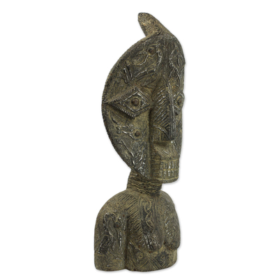 Wood sculpture, 'Bakuta Doll' - West African Wood Sculpture with Aluminum and Brass Plating