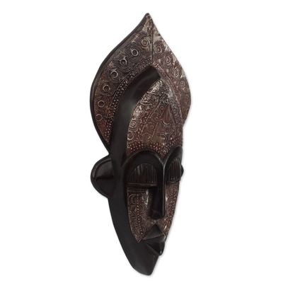 African wood mask, 'Dan Farmer' - Sese Wood and Aluminum Plated Dan Mask from Ghana