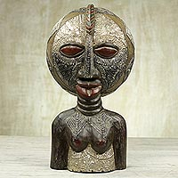 Wood sculpture, 'Balumba Faces' - Sese Wood and Aluminum Two Face Sculpture from Ghana