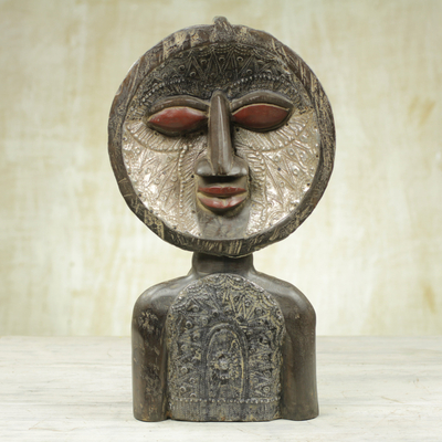 Wood sculpture, 'Balumba Faces' - Sese Wood and aluminium Two Face Sculpture from Ghana