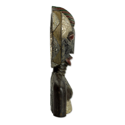 Wood sculpture, 'Balumba Faces' - Sese Wood and aluminium Two Face Sculpture from Ghana
