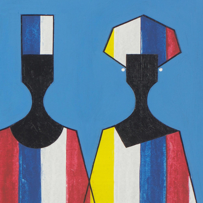 'Couture Show' - Colorful Signed Cubist Painting of People from Ghana