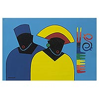 'Combined Fashion' - Signed Cultural Cubist Painting of Two People from Ghana