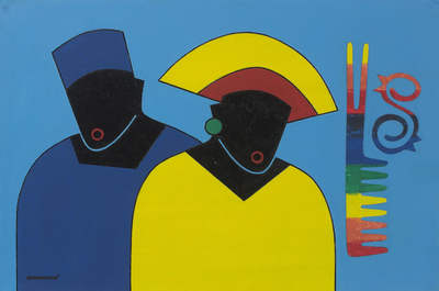 Signed Cultural Cubist Painting of Two People from Ghana