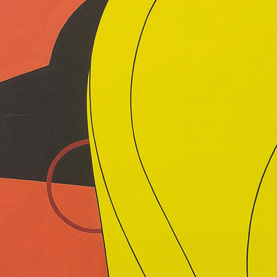 'Covered in Veil' - Pintura cubista en tonos amarillos y naranjas de una mujer ghanesa