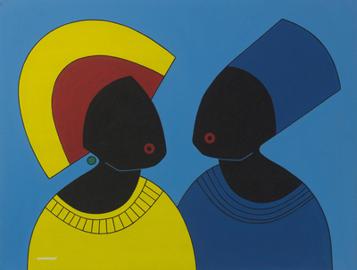 'Dress Code' - Blue and Yellow Tone Cubist Painting of People from Ghana