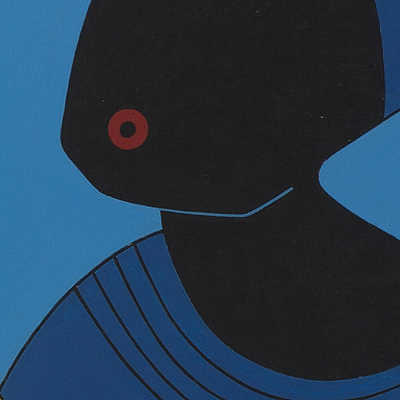 „Dress Code“ – Kubistisches Gemälde in Blau- und Gelbtönen von Menschen aus Ghana