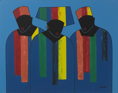Signed Multicolored Cubist Painting of People from Ghana