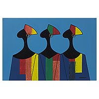'Ladies Boutique' - Signed Multicolored Ghanaian Cubist Painting of Three Women