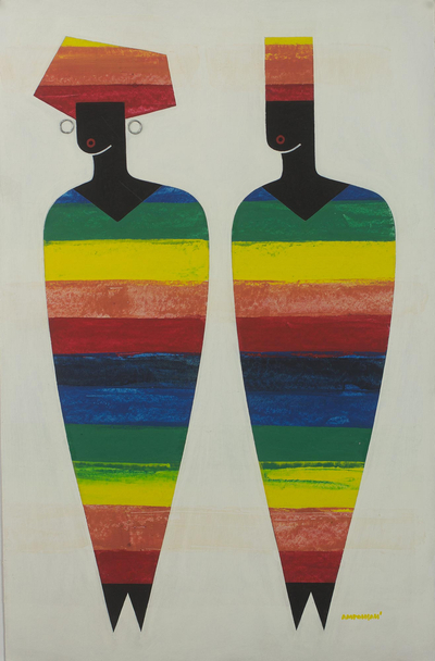 African Multicolored Cubist Painting of People from Ghana