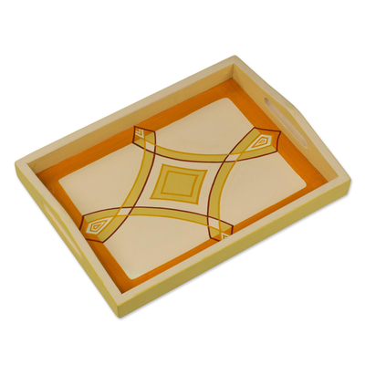 Wood tray, 'Beige Diamond' - Artisan Crafted Handled Sese Wood Tray in Beige from Ghana