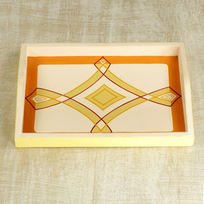 Wood tray, 'Beige Diamond' - Artisan Crafted Handled Sese Wood Tray in Beige from Ghana