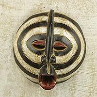 African wood mask, 'Baluba Rings' - African Sese Wood Mask with Beige and Black Rings from Ghana