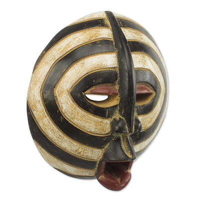 African wood mask, 'Baluba Rings' - African Sese Wood Mask with Beige and Black Rings from Ghana