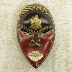 African wood mask, 'Rustic Tortoise' - African Sese Wood Turtle Mask in Red and Black from Ghana