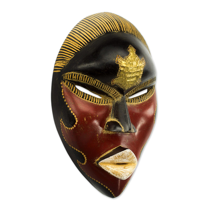 African wood mask, 'Rustic Tortoise' - African Sese Wood Turtle Mask in Red and Black from Ghana